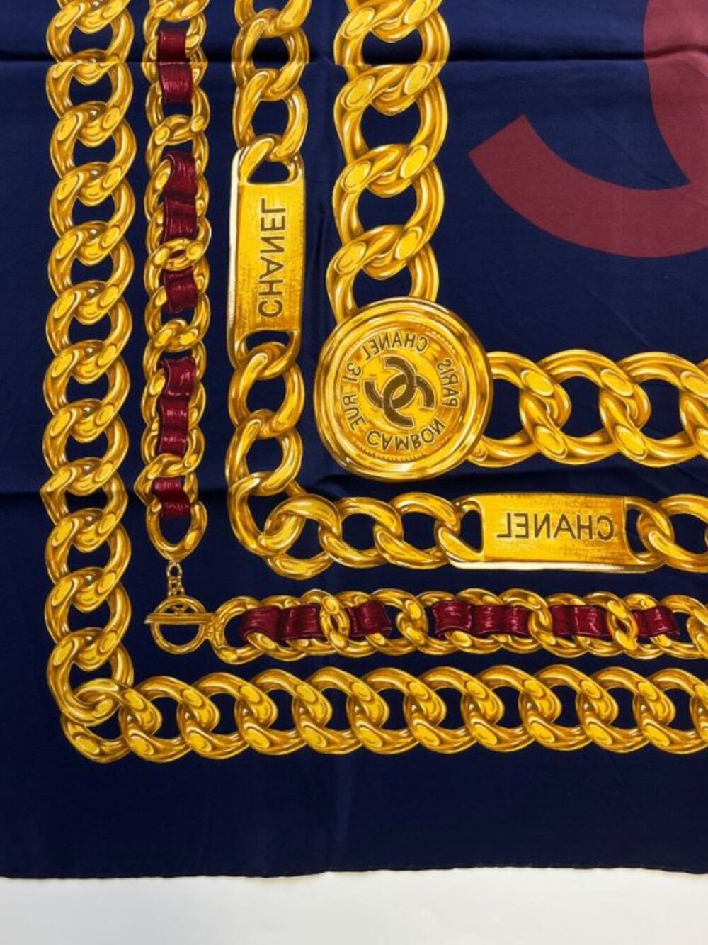Chanel CC Logo Scarf Silk Gold Navy Vintage - Picture 9 of 11